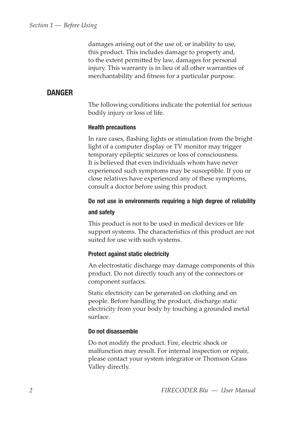 Danger | Grass Valley FIRECODER Blu User Manual | Page 8 / 216