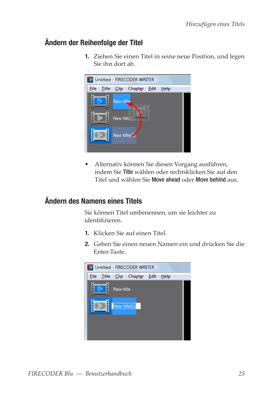 Ändern der reihenfolge der titel, Ändern des namens eines titels | Grass Valley FIRECODER Blu User Manual | Page 99 / 216