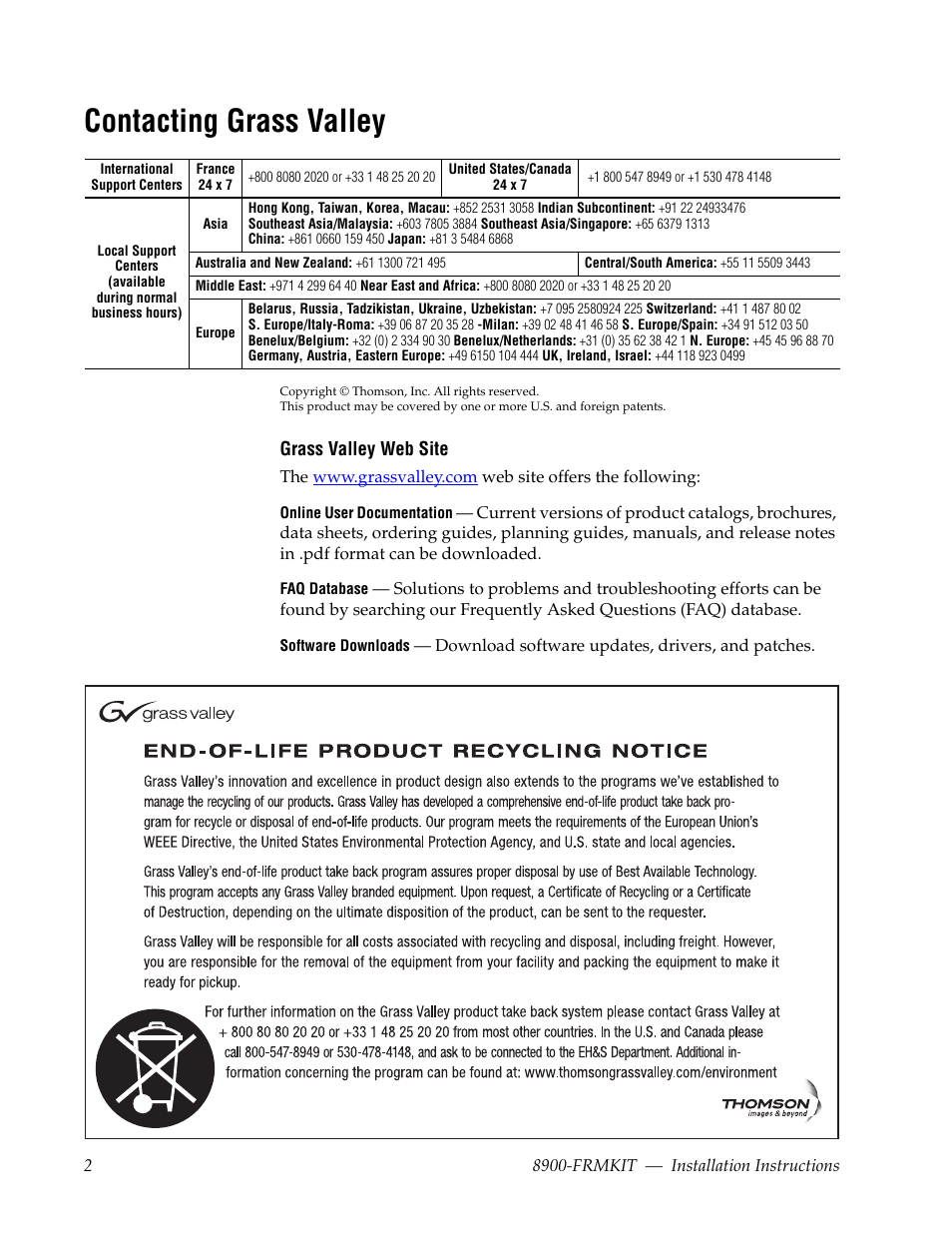 Contacting grass valley | Grass Valley 8900-FRMKIT User Manual | Page 2 / 4