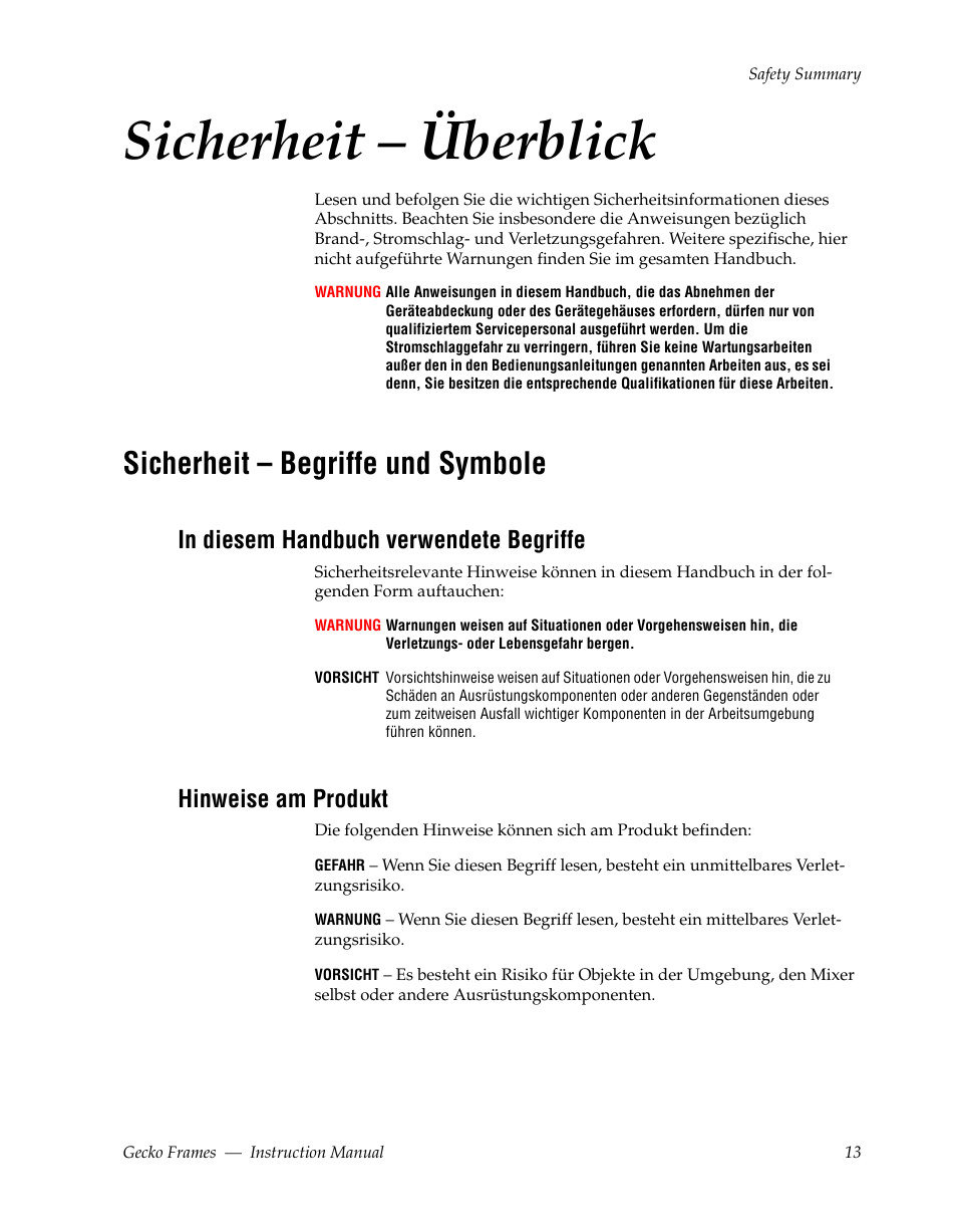 Sicherheit – überblick, Sicherheit – begriffe und symbole, Hinweise am produkt | Grass Valley 8900 Frames Gecko 2009 User Manual | Page 13 / 64