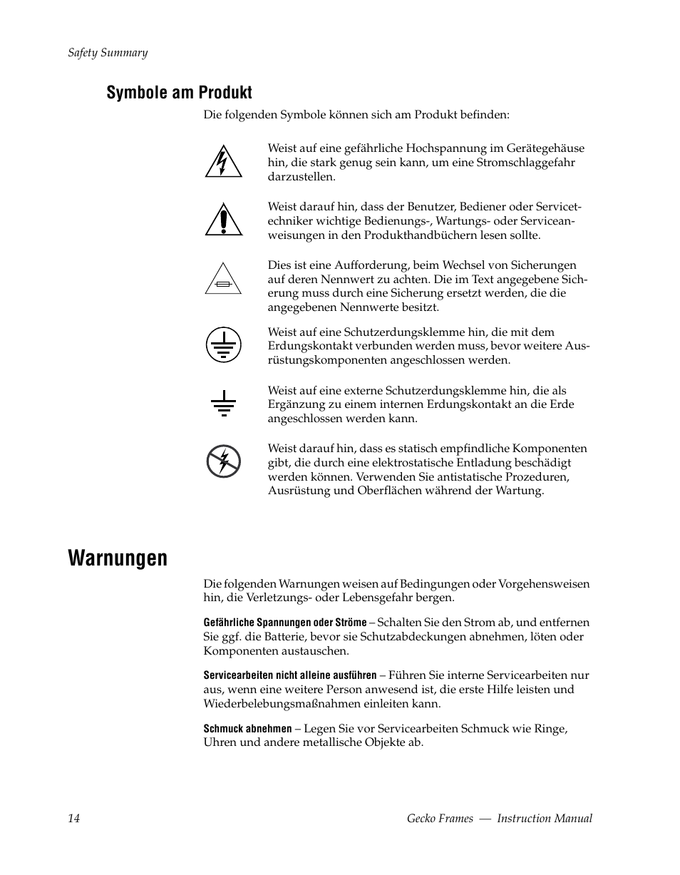Warnungen, Symbole am produkt | Grass Valley 8900 Frames Gecko 2009 User Manual | Page 14 / 64