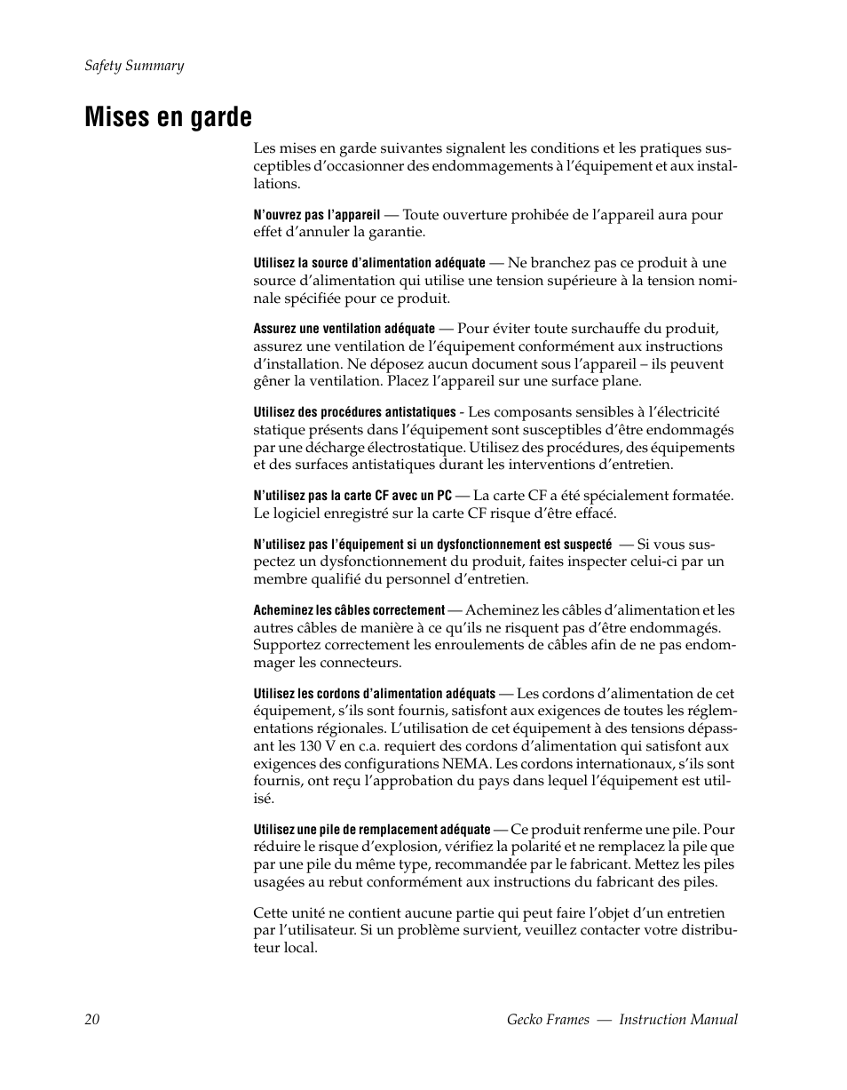 Mises en garde | Grass Valley 8900 Frames Gecko 2009 User Manual | Page 20 / 64
