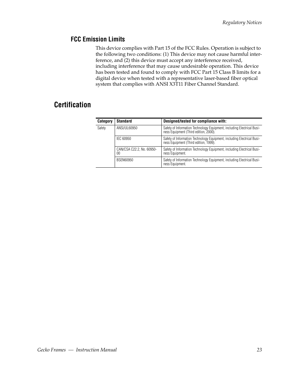 Fcc emission limits, Certification | Grass Valley 8900 Frames Gecko 2009 User Manual | Page 23 / 64