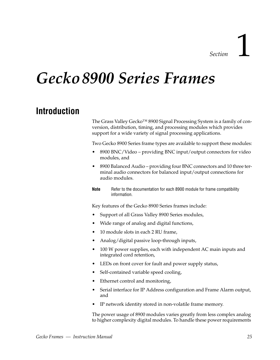 Gecko 8900 series frames, Introduction, Section 1 — gecko 8900 series frames | Gecko, 8900 series frames | Grass Valley 8900 Frames Gecko 2009 User Manual | Page 25 / 64