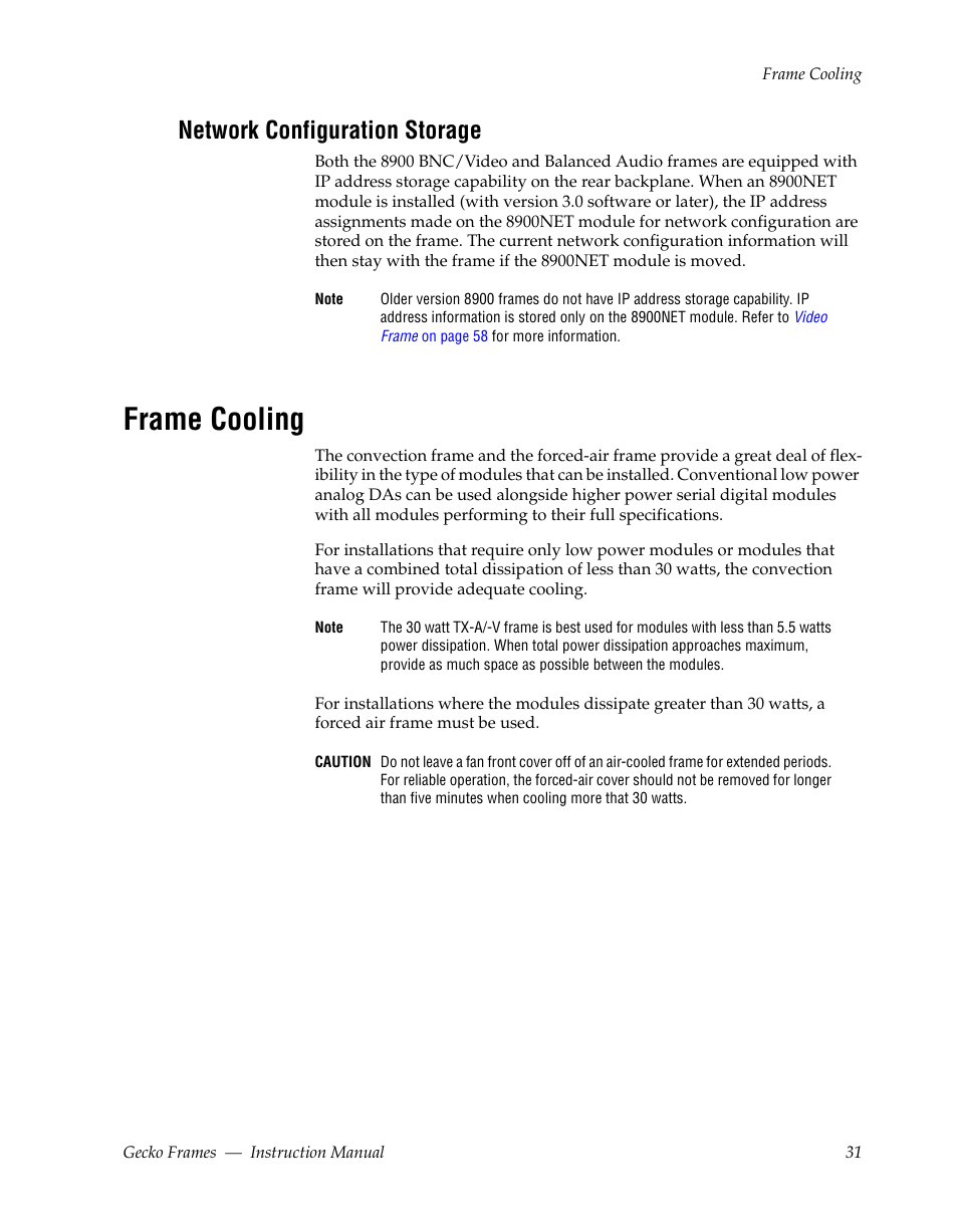 Network configuration storage, Frame cooling | Grass Valley 8900 Frames Gecko 2009 User Manual | Page 31 / 64