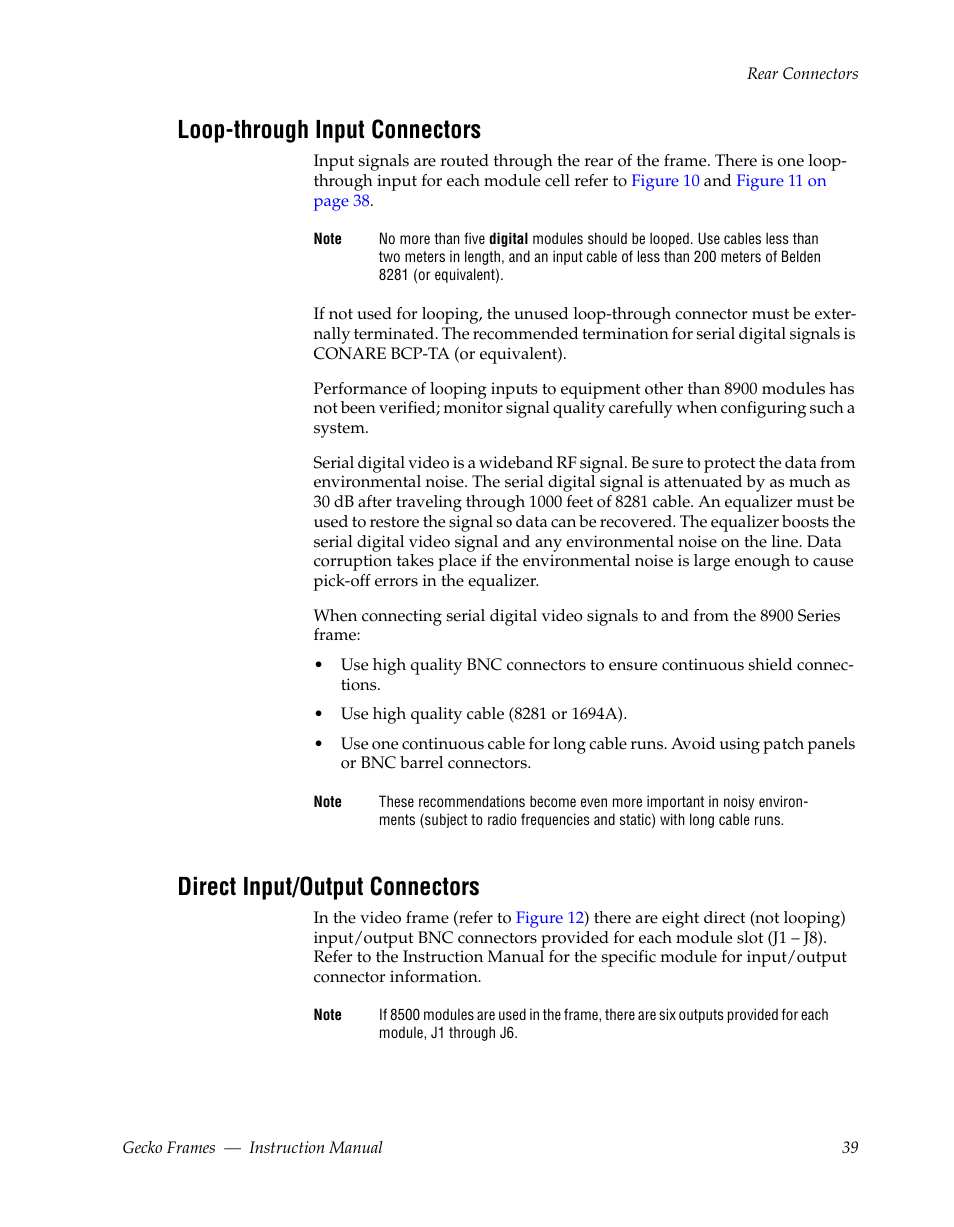 Loop-through input connectors, Direct input/output connectors | Grass Valley 8900 Frames Gecko 2009 User Manual | Page 39 / 64