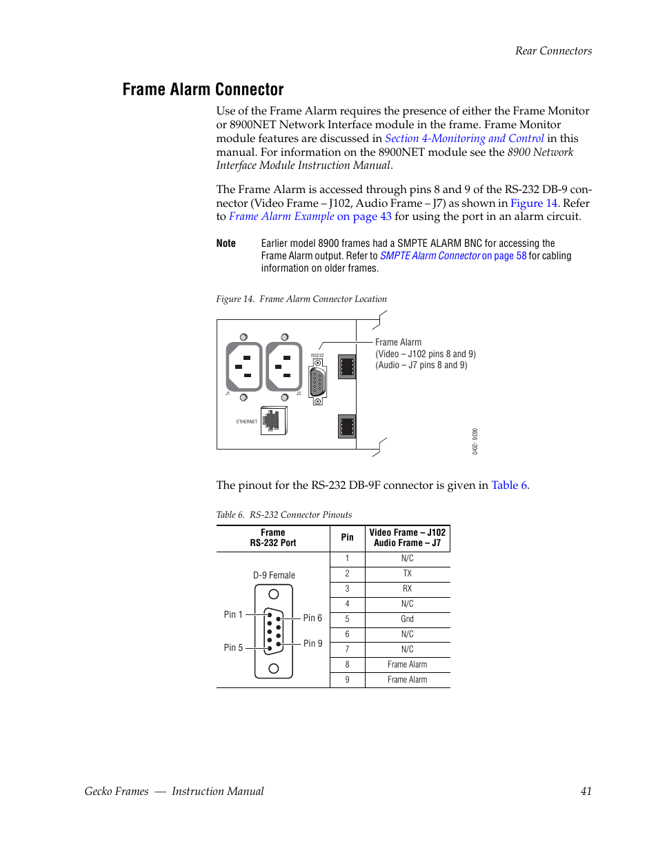 Frame alarm connector | Grass Valley 8900 Frames Gecko 2009 User Manual | Page 41 / 64