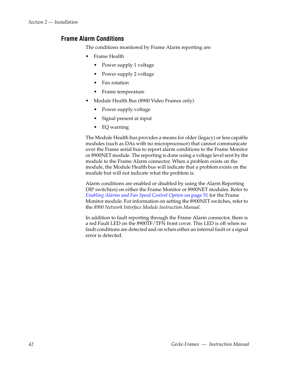 Frame alarm conditions | Grass Valley 8900 Frames Gecko 2009 User Manual | Page 42 / 64