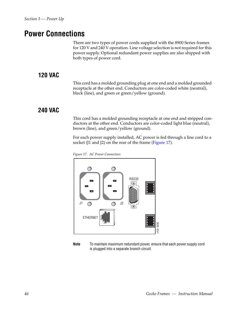 Power connections, 120 vac, 240 vac | Grass Valley 8900 Frames Gecko 2009 User Manual | Page 46 / 64