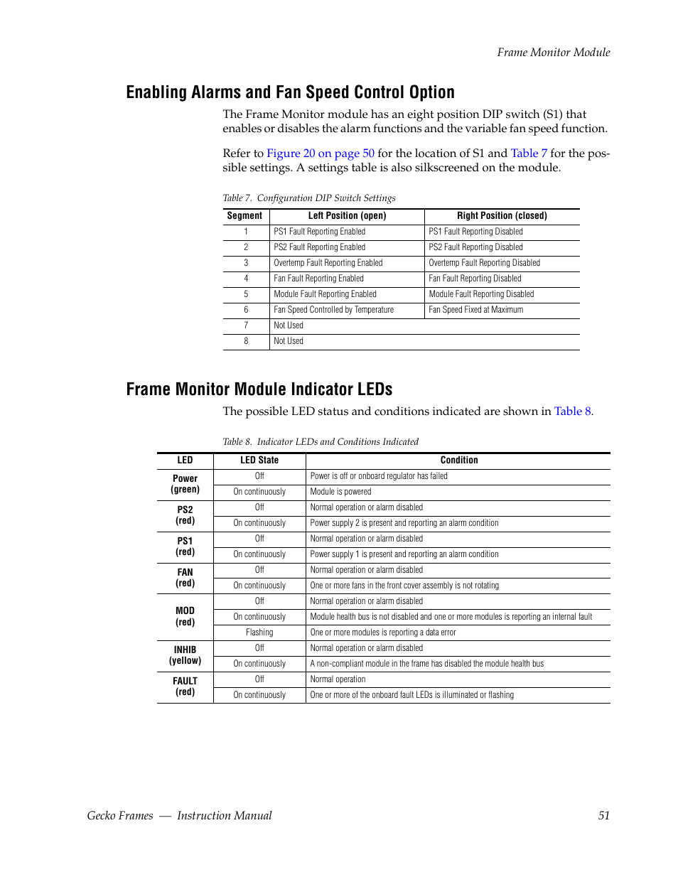 Enabling alarms and fan speed control option, Frame monitor module indicator leds | Grass Valley 8900 Frames Gecko 2009 User Manual | Page 51 / 64