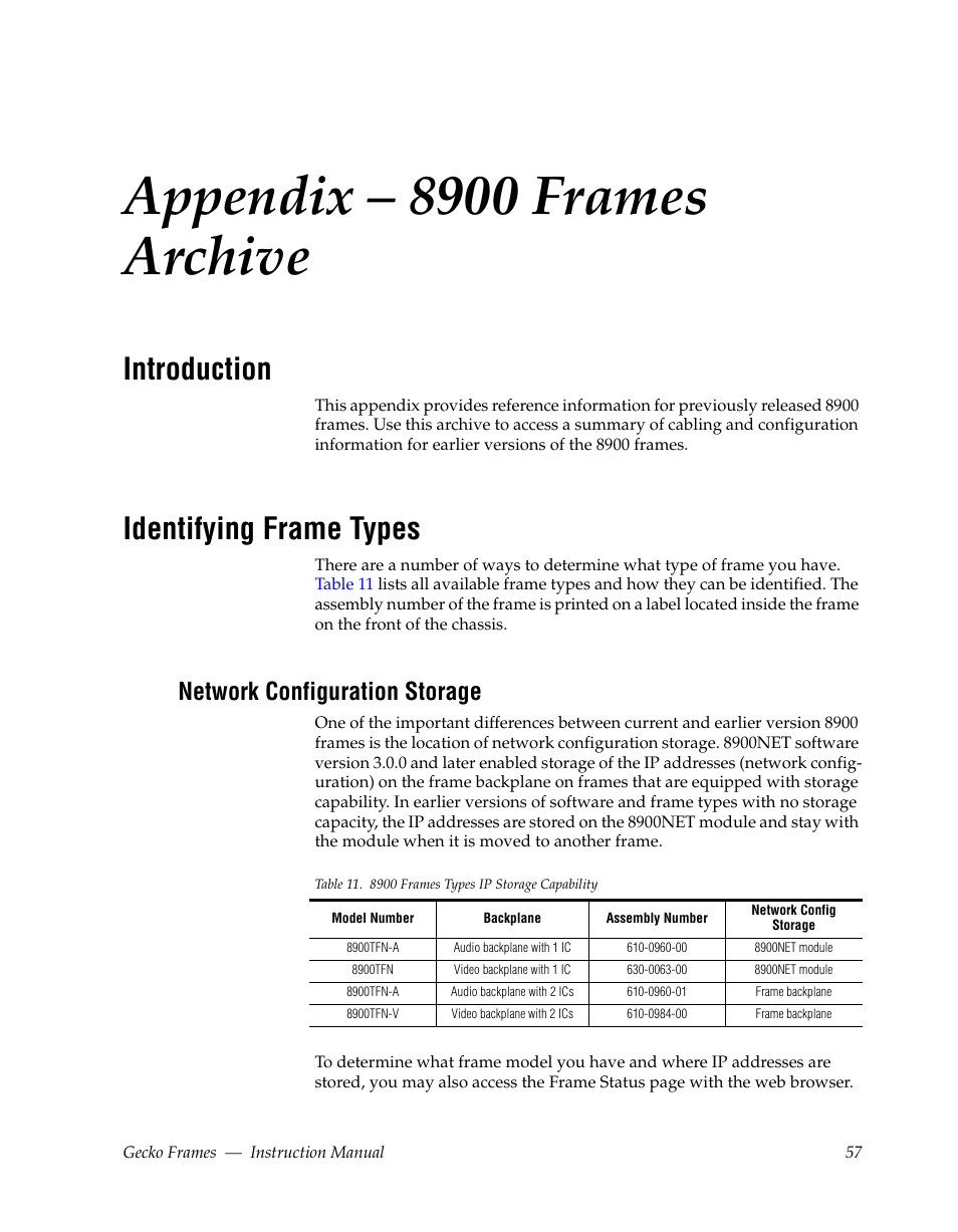 Appendix – 8900 frames archive, Introduction, Identifying frame types | Network configuration storage | Grass Valley 8900 Frames Gecko 2009 User Manual | Page 57 / 64