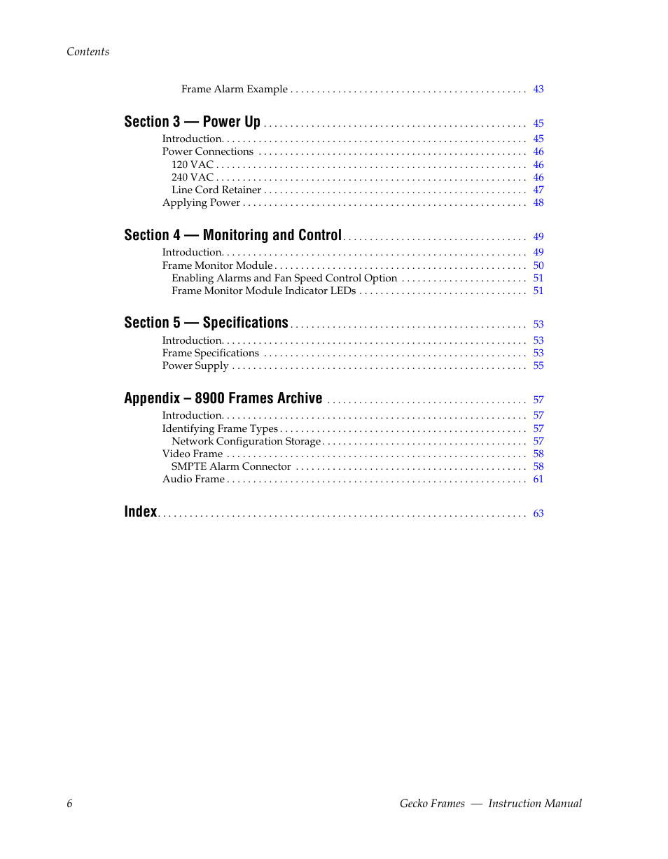 Appendix – 8900 frames archive, Index | Grass Valley 8900 Frames Gecko 2009 User Manual | Page 6 / 64