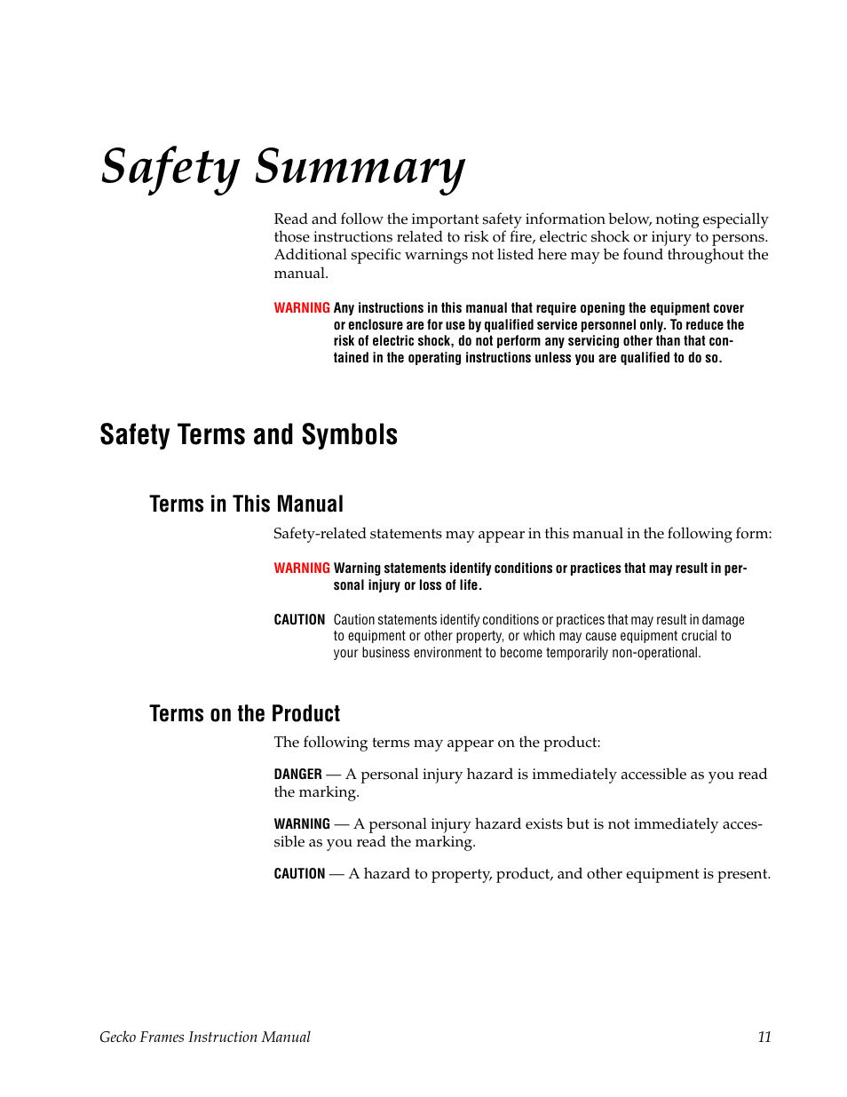 Safety terms and symbols, Terms in this manual, Terms on the product | Safety summary | Grass Valley 8900 Frames Gecko 2007 User Manual | Page 11 / 52