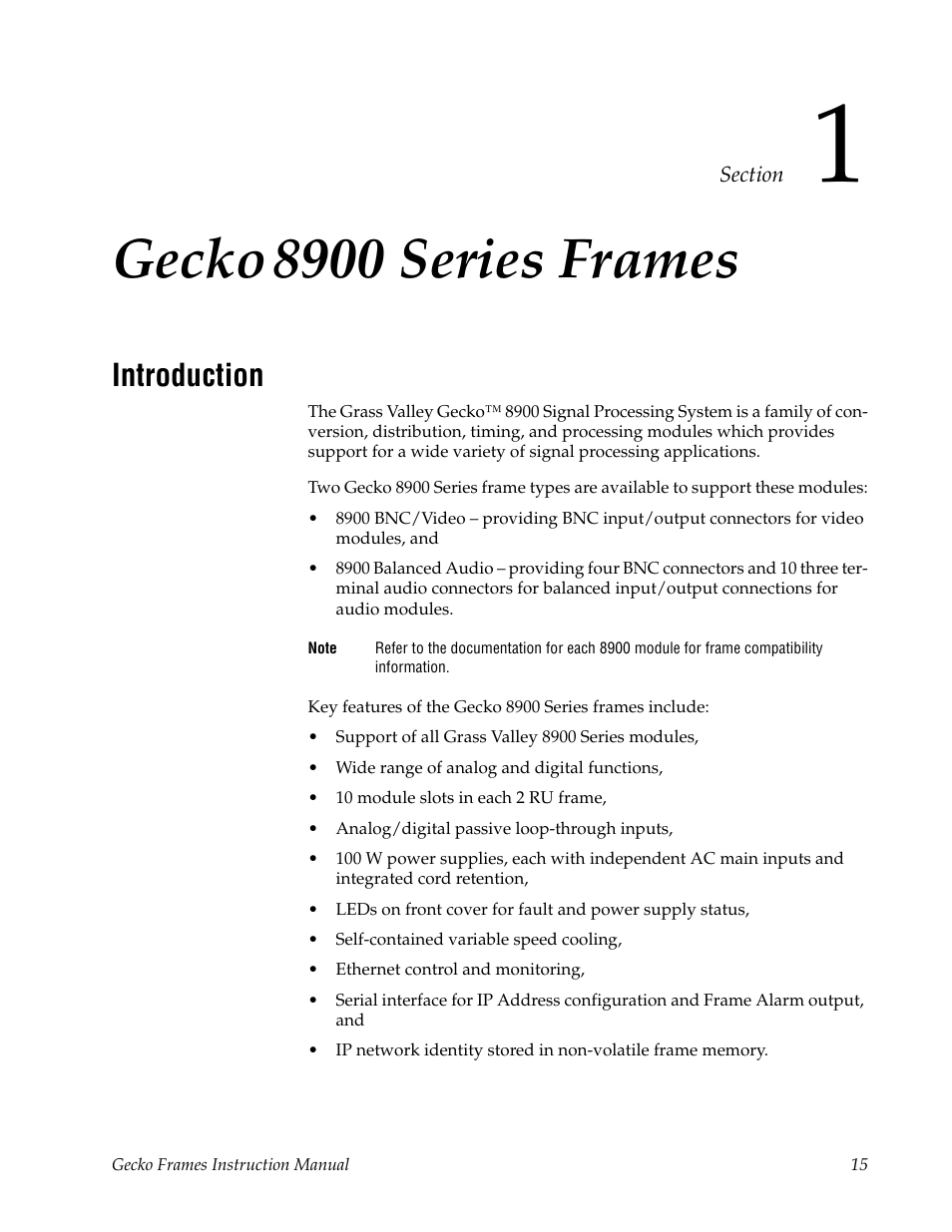 Gecko 8900 series frames, Introduction, Section 1 — gecko 8900 series frames | Gecko, 8900 series frames | Grass Valley 8900 Frames Gecko 2007 User Manual | Page 15 / 52