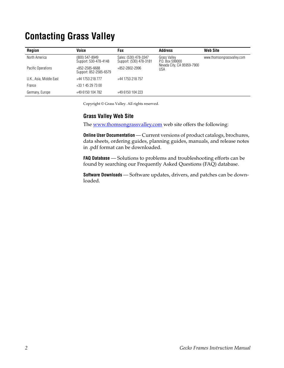 Contacting grass valley | Grass Valley 8900 Frames Gecko 2007 User Manual | Page 2 / 52