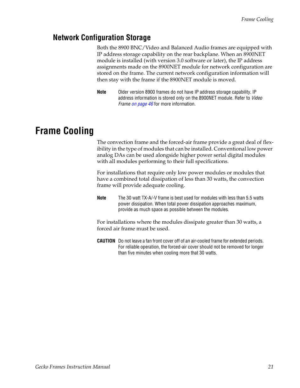 Network configuration storage, Frame cooling, To frame cooling | Grass Valley 8900 Frames Gecko 2007 User Manual | Page 21 / 52