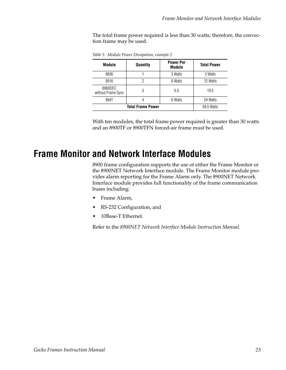 Frame monitor and network interface modules, Table 5 | Grass Valley 8900 Frames Gecko 2007 User Manual | Page 23 / 52