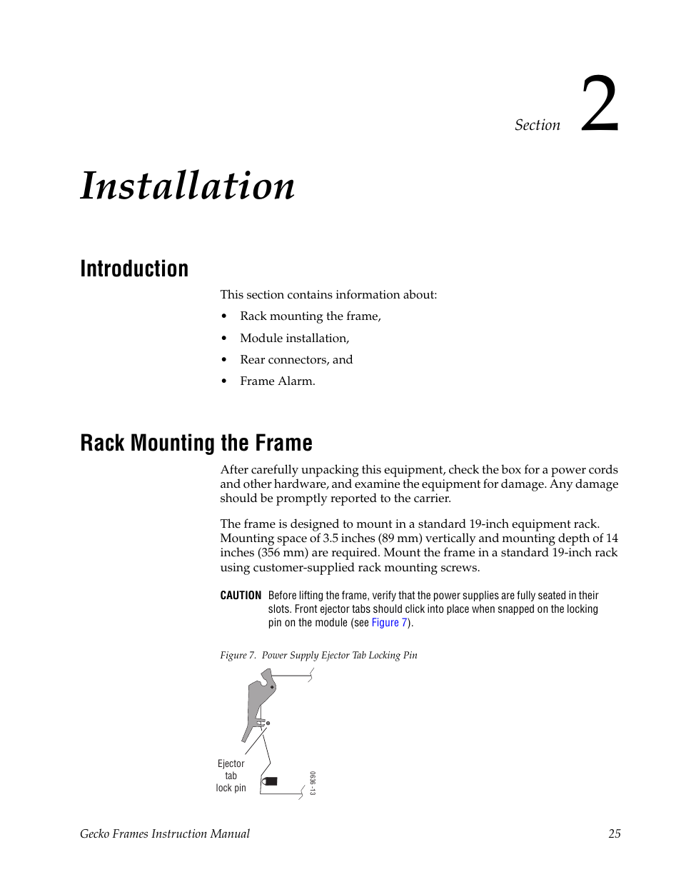 Installation, Introduction, Rack mounting the frame | Section 2 — installation | Grass Valley 8900 Frames Gecko 2007 User Manual | Page 25 / 52