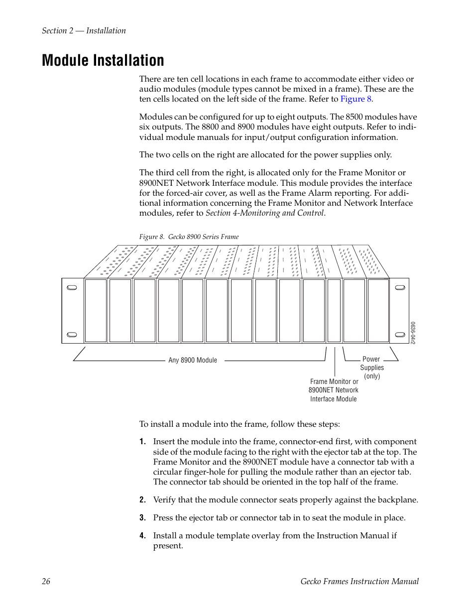 Module installation | Grass Valley 8900 Frames Gecko 2007 User Manual | Page 26 / 52
