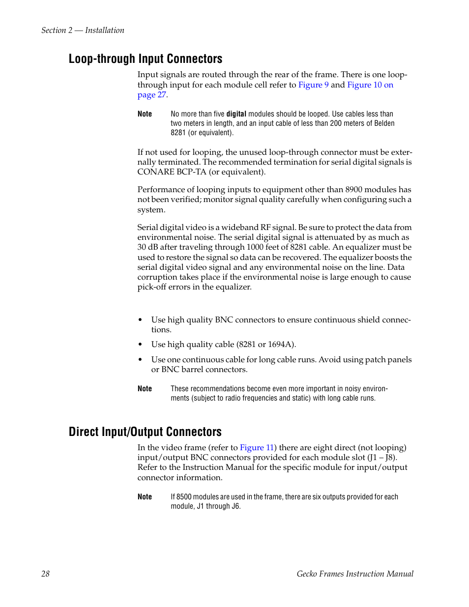 Loop-through input connectors, Direct input/output connectors | Grass Valley 8900 Frames Gecko 2007 User Manual | Page 28 / 52