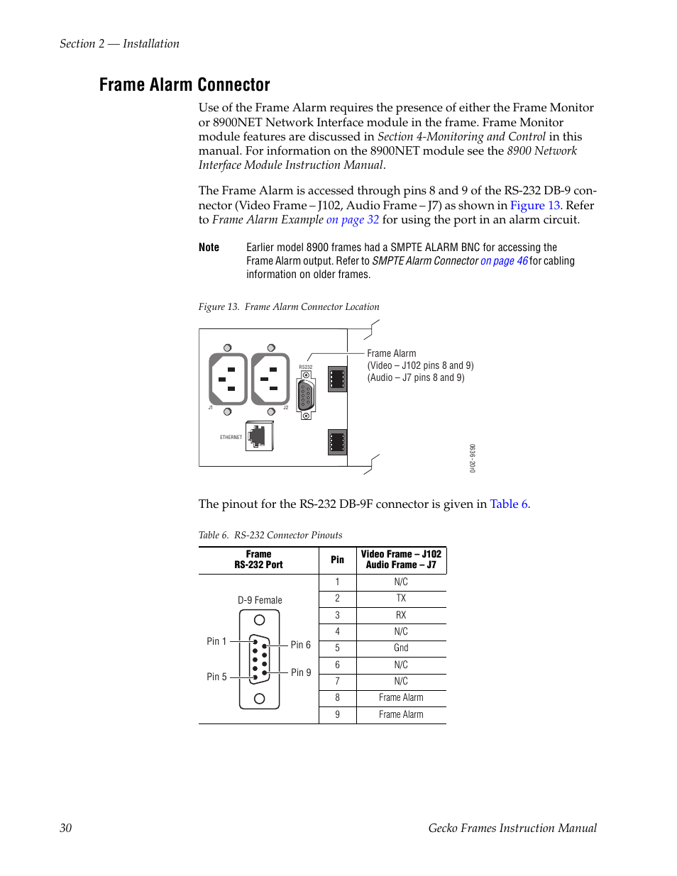 Frame alarm connector | Grass Valley 8900 Frames Gecko 2007 User Manual | Page 30 / 52