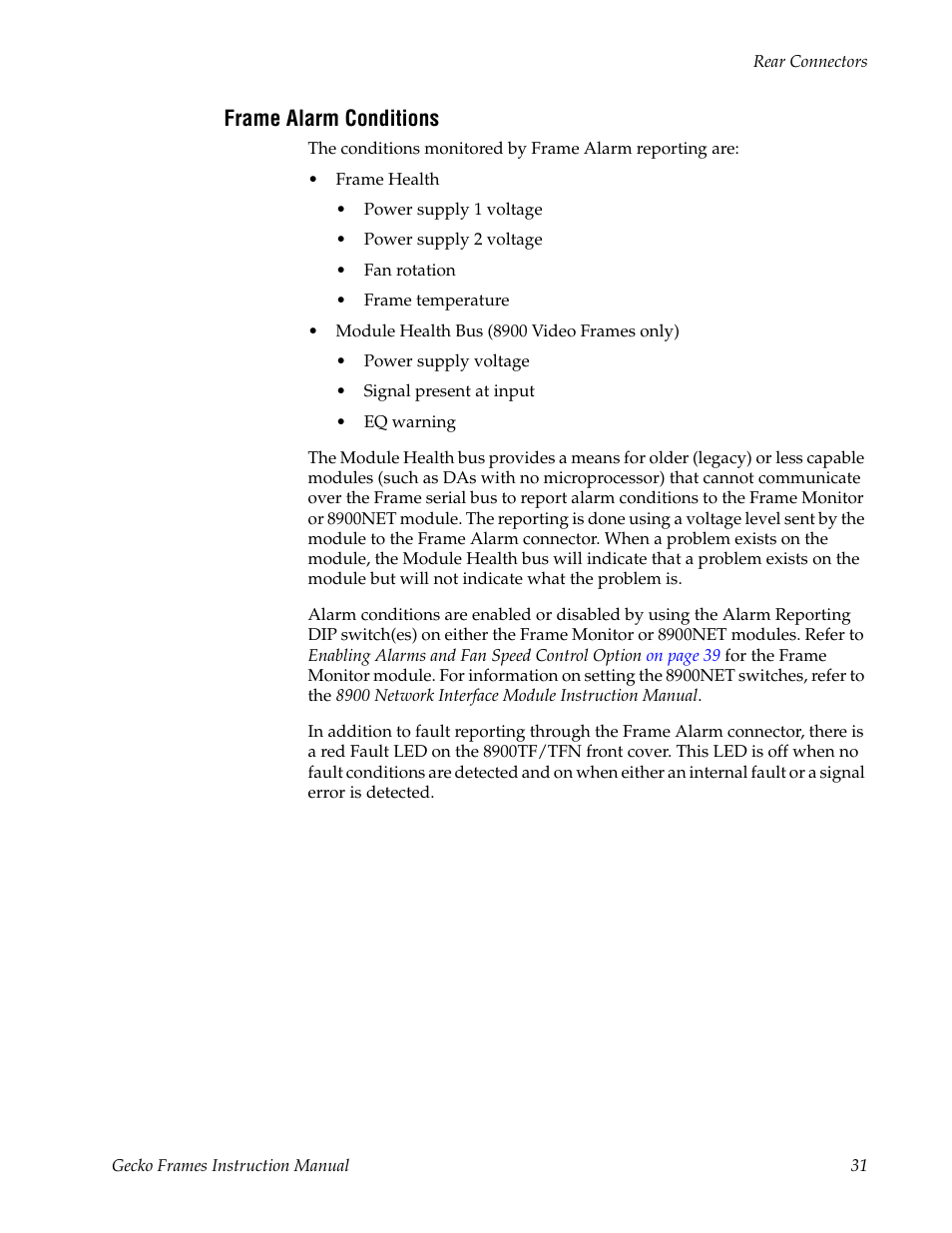 Frame alarm conditions | Grass Valley 8900 Frames Gecko 2007 User Manual | Page 31 / 52