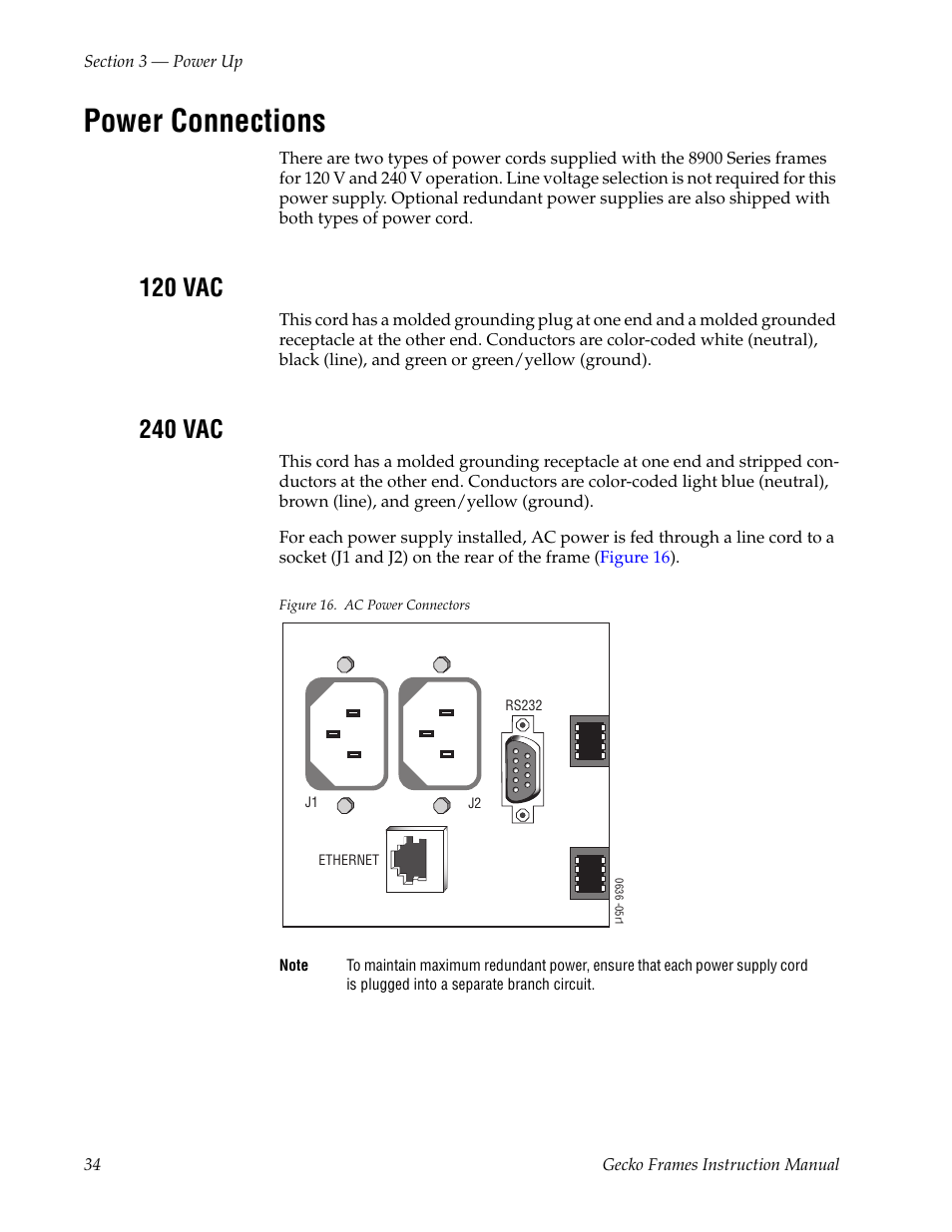 Power connections, 120 vac, 240 vac | Grass Valley 8900 Frames Gecko 2007 User Manual | Page 34 / 52