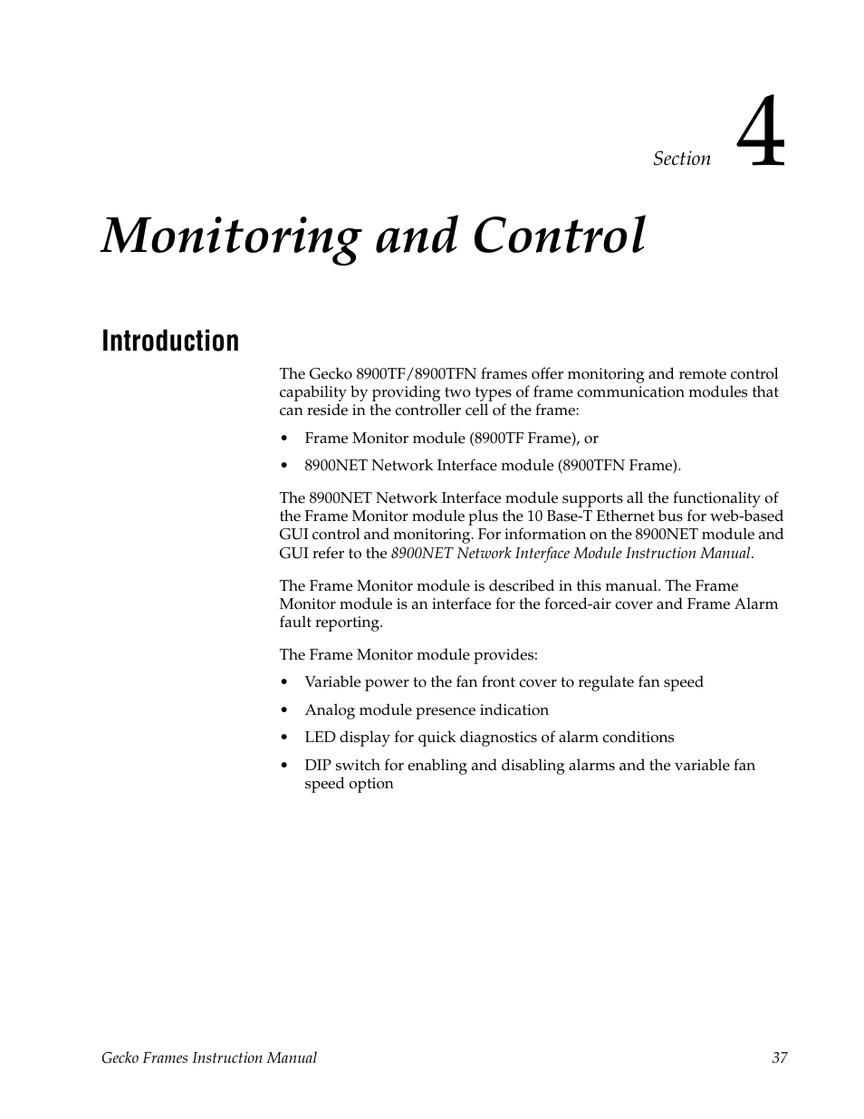 Monitoring and control, Introduction, Section 4 — monitoring and control | Section 4-monitoring and control, In section 4-monitoring and control | Grass Valley 8900 Frames Gecko 2007 User Manual | Page 37 / 52