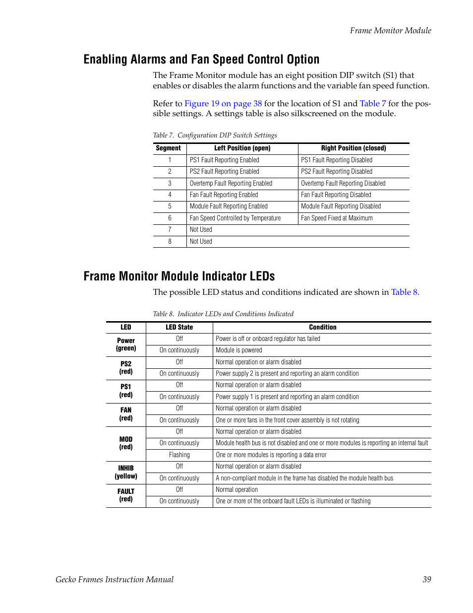Enabling alarms and fan speed control option, Frame monitor module indicator leds | Grass Valley 8900 Frames Gecko 2007 User Manual | Page 39 / 52