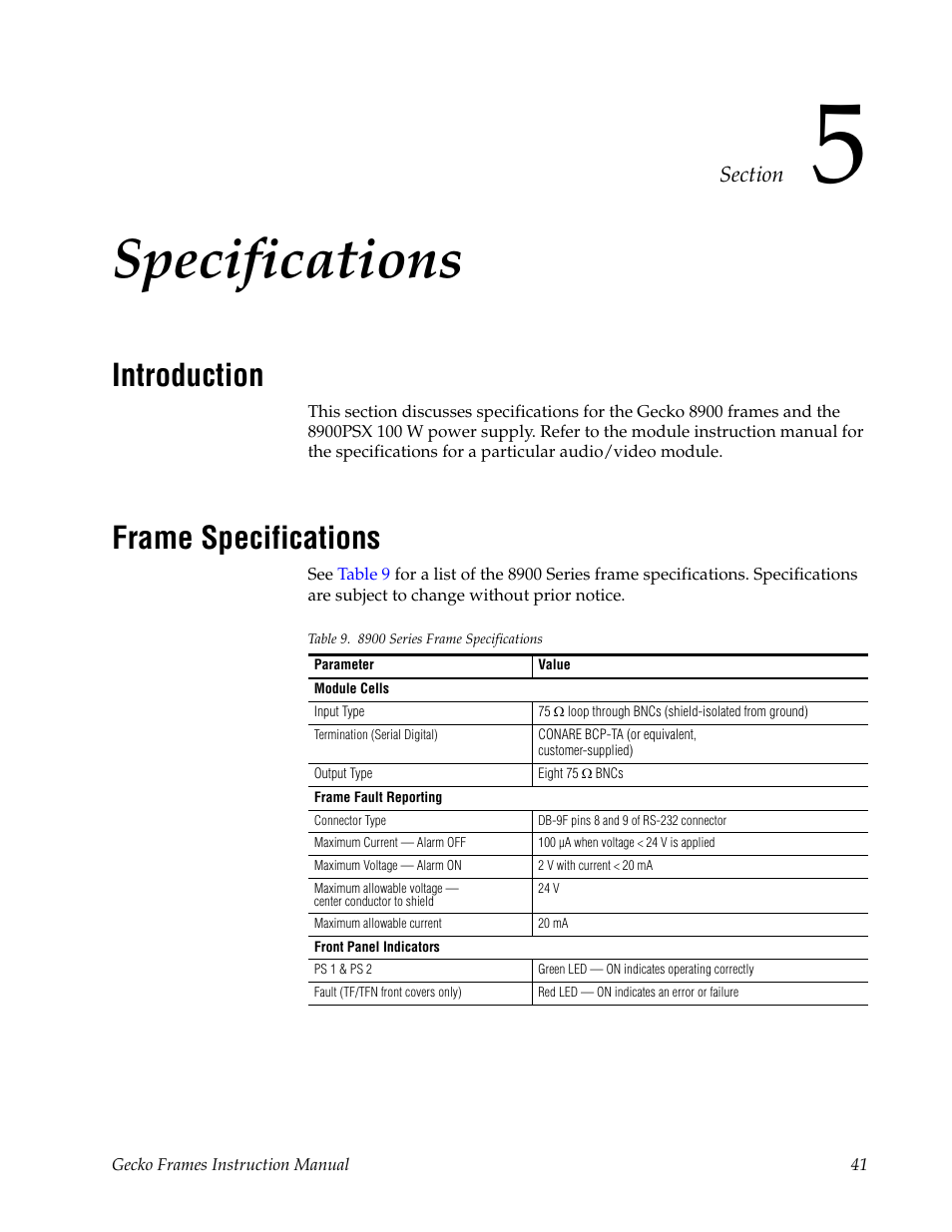 Specifications, Introduction, Frame specifications | Section 5 — specifications | Grass Valley 8900 Frames Gecko 2007 User Manual | Page 41 / 52