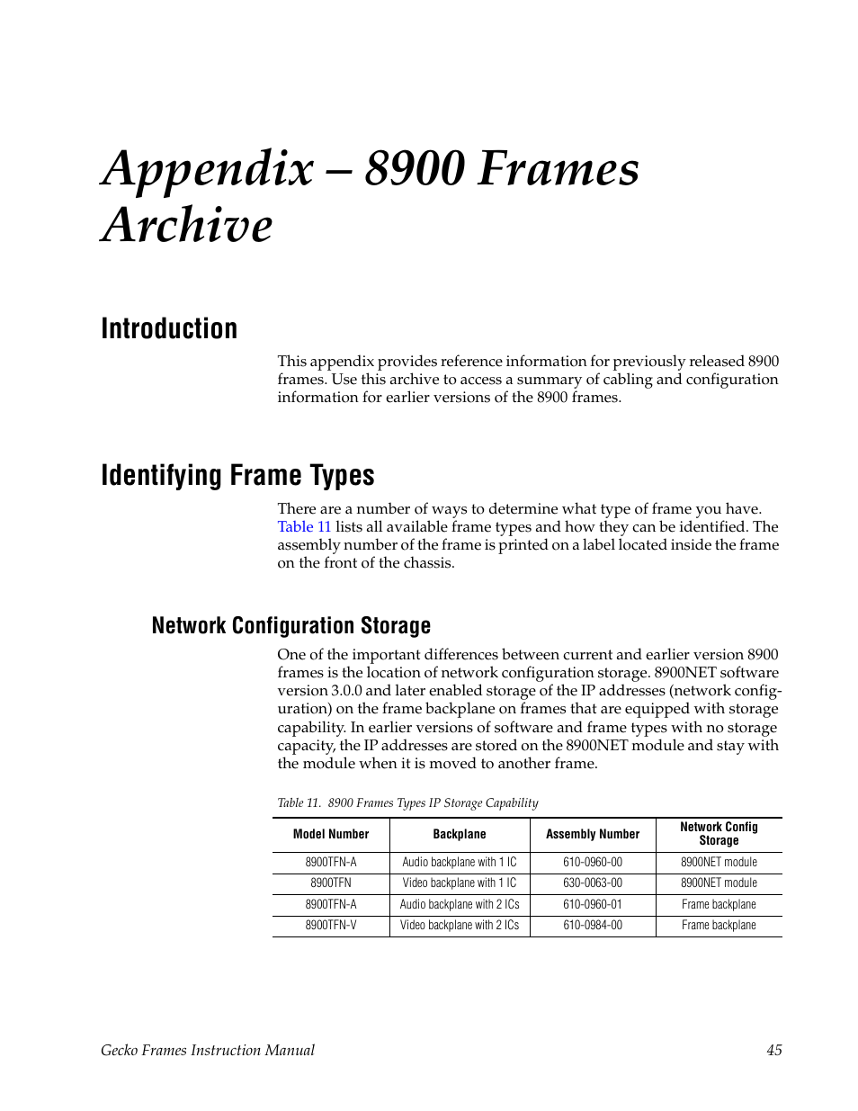 Appendix - 8900 frames archive, Introduction, Identifying frame types | Network configuration storage, Appendix – 8900 frames archive | Grass Valley 8900 Frames Gecko 2007 User Manual | Page 45 / 52