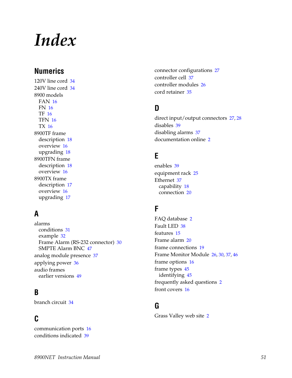 Index, Numerics | Grass Valley 8900 Frames Gecko 2007 User Manual | Page 51 / 52