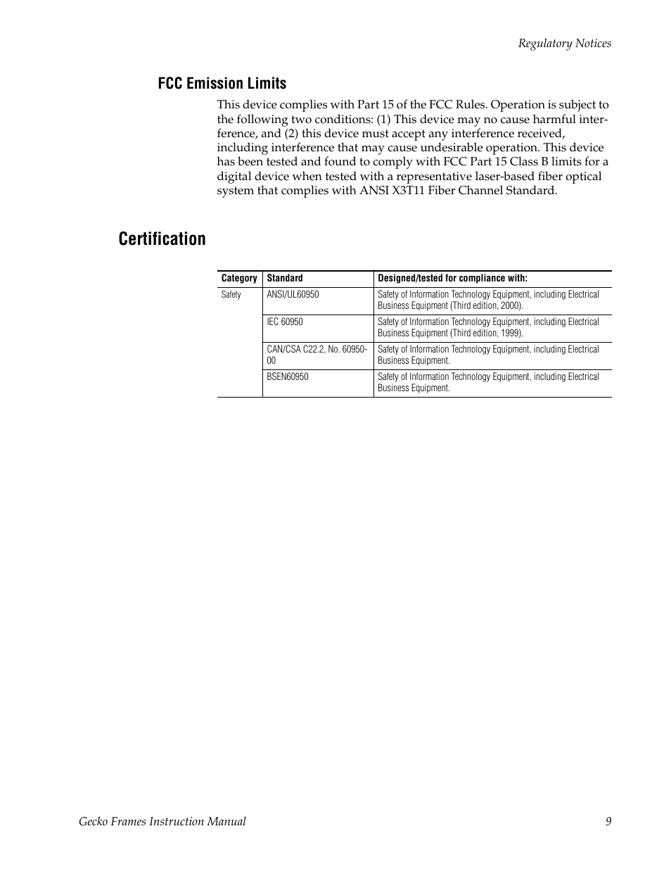 Fcc emission limits, Certification | Grass Valley 8900 Frames Gecko 2007 User Manual | Page 9 / 52