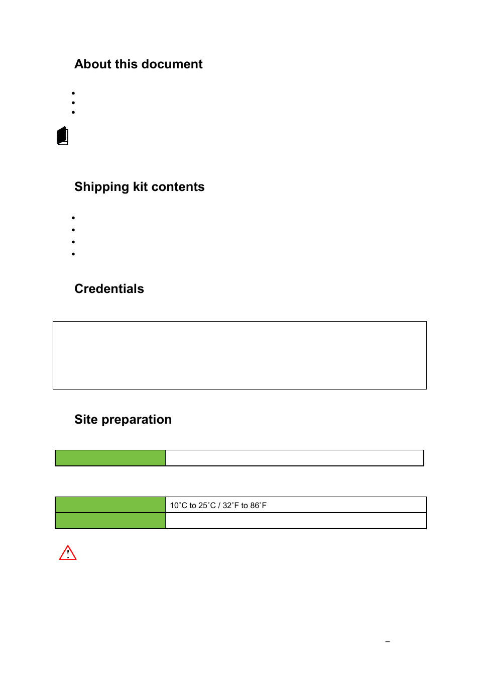About this document, Shipping kit contents, Credentials | Site preparation, Physical specifications, Environmental requirements, Cable advice, 3about this document, 4shipping kit contents, 5credentials | Grass Valley K2 Edge Installation v.4.1.0 User Manual | Page 17 / 54