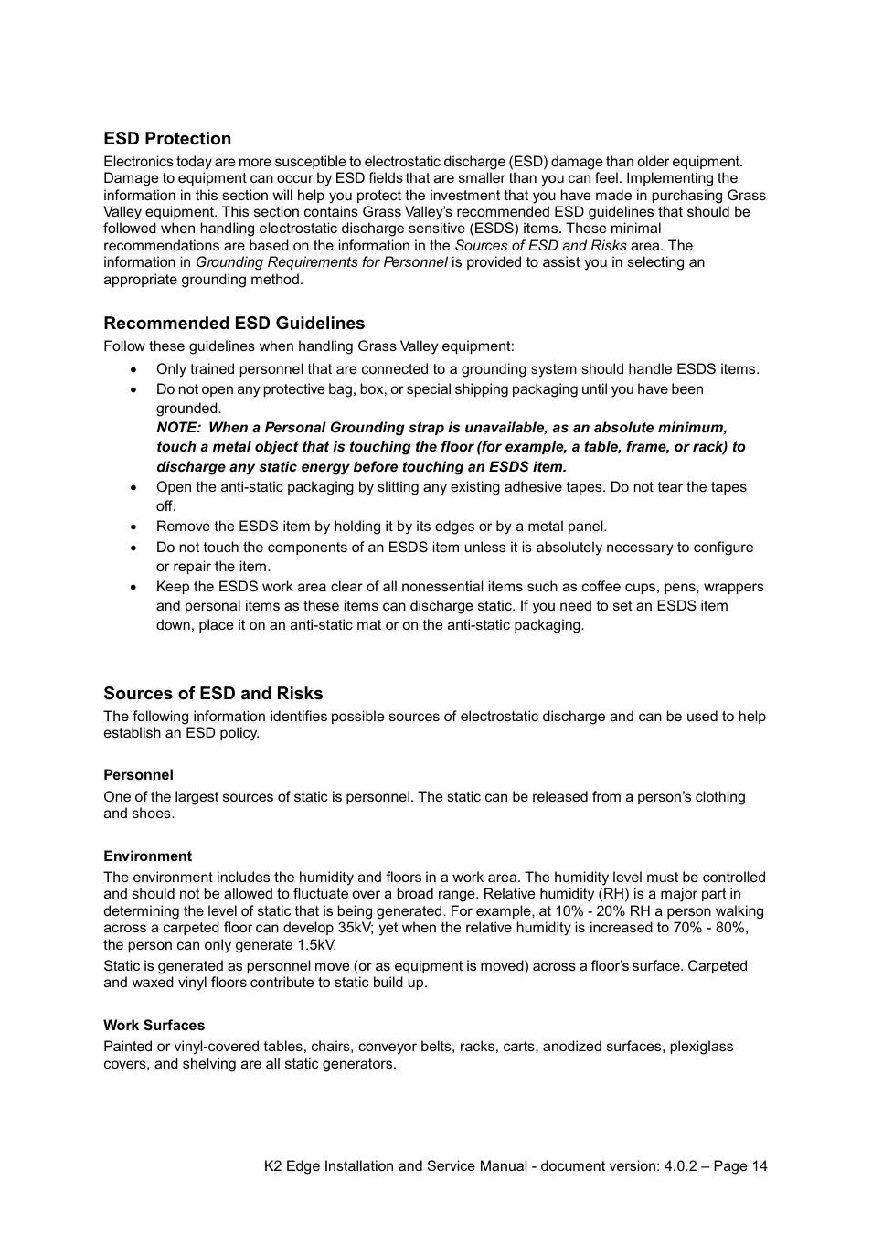 Esd protection, Recommended esd guidelines, Sources of esd and risks | Grass Valley K2 Edge Installation v.4.0.2 User Manual | Page 14 / 49