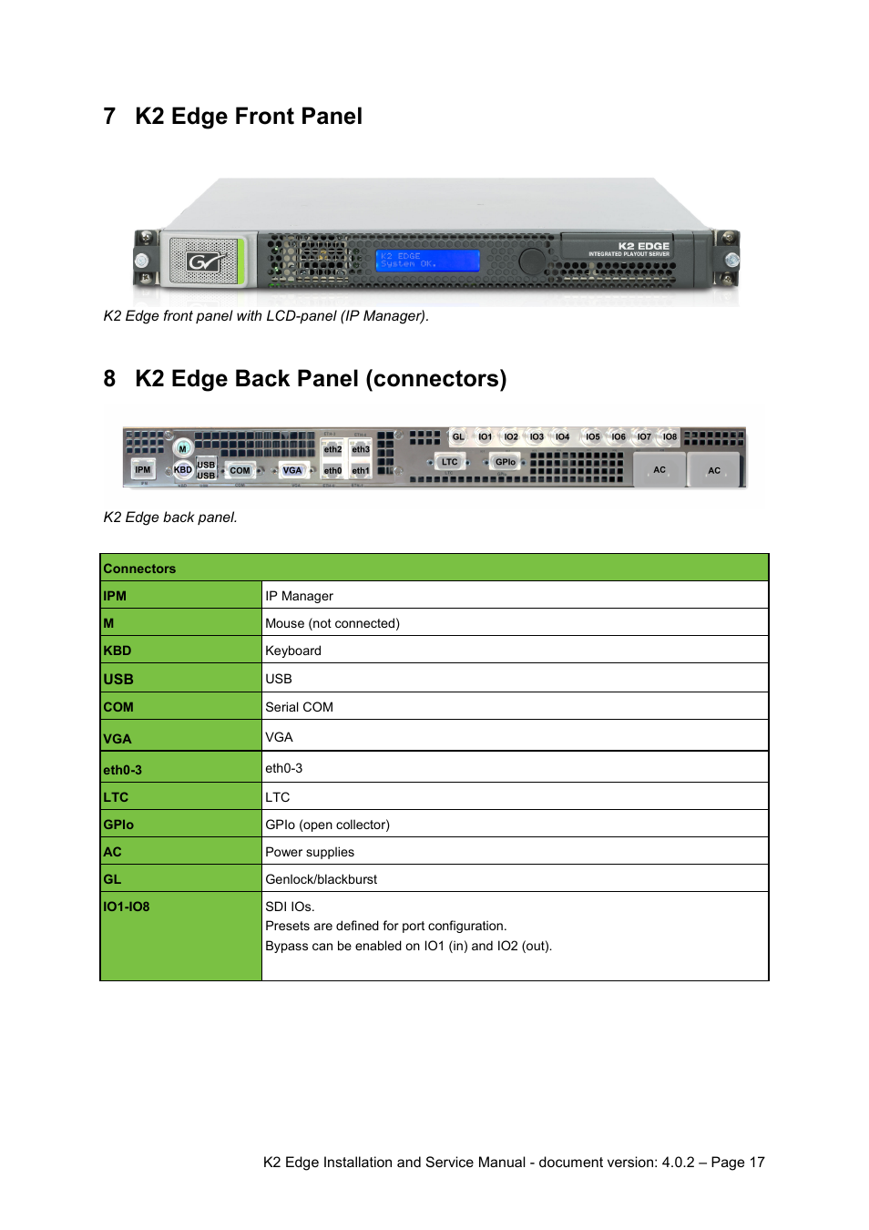 7 k2 edge front panel, 8 k2 edge back panel (connectors), K2 edge front panel | K2 edge back panel (connectors) | Grass Valley K2 Edge Installation v.4.0.2 User Manual | Page 17 / 49