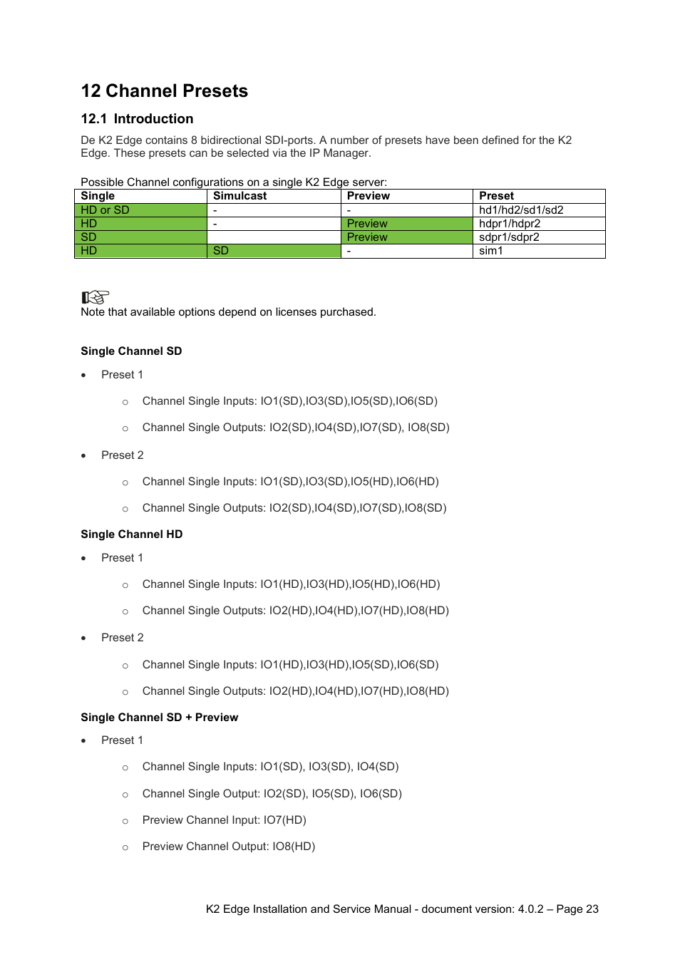12 channel presets, 1 introduction, Channel presets | Introduction | Grass Valley K2 Edge Installation v.4.0.2 User Manual | Page 23 / 49