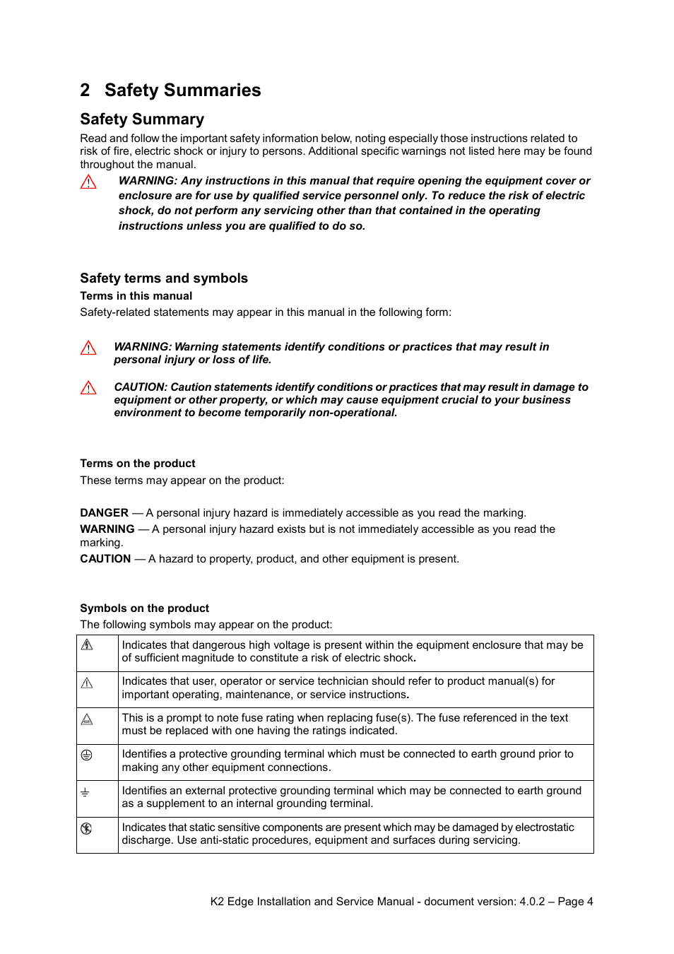 2 safety summaries, Safety summaries, Safety summary | Safety terms and symbols | Grass Valley K2 Edge Installation v.4.0.2 User Manual | Page 4 / 49