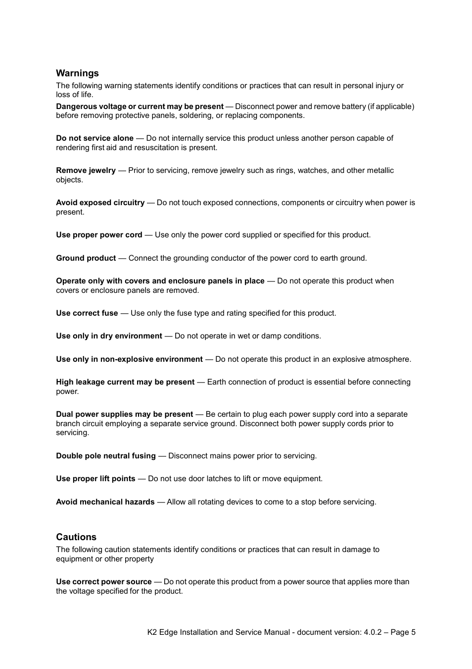 Warnings, Cautions | Grass Valley K2 Edge Installation v.4.0.2 User Manual | Page 5 / 49