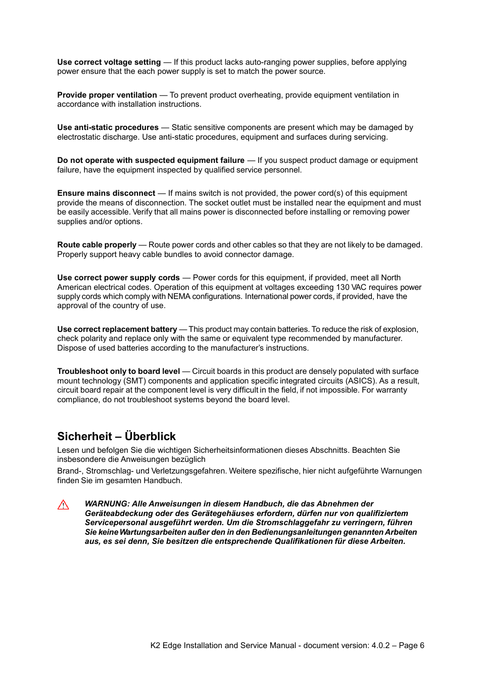 Sicherheit – überblick | Grass Valley K2 Edge Installation v.4.0.2 User Manual | Page 6 / 49