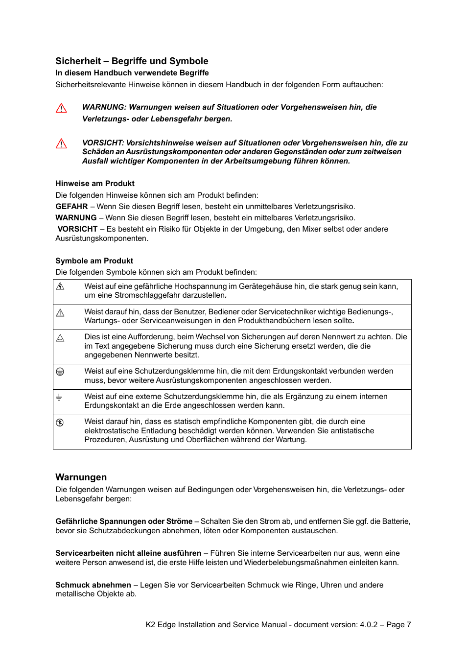 Sicherheit – begriffe und symbole, Warnungen | Grass Valley K2 Edge Installation v.4.0.2 User Manual | Page 7 / 49