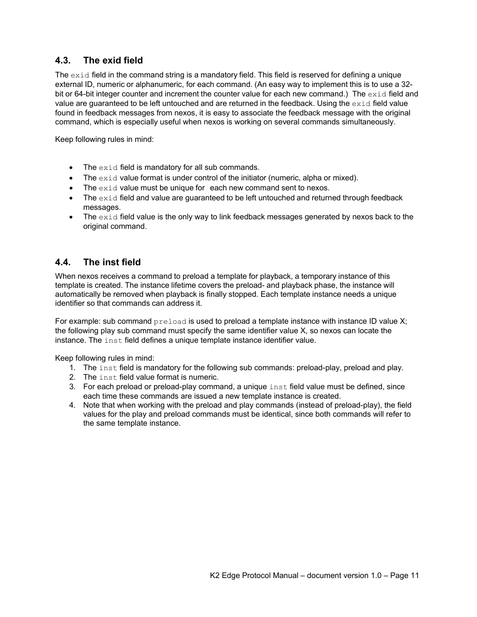 The exid field, The inst field | Grass Valley K2 Edge Protocol Manual v1.0 User Manual | Page 11 / 52