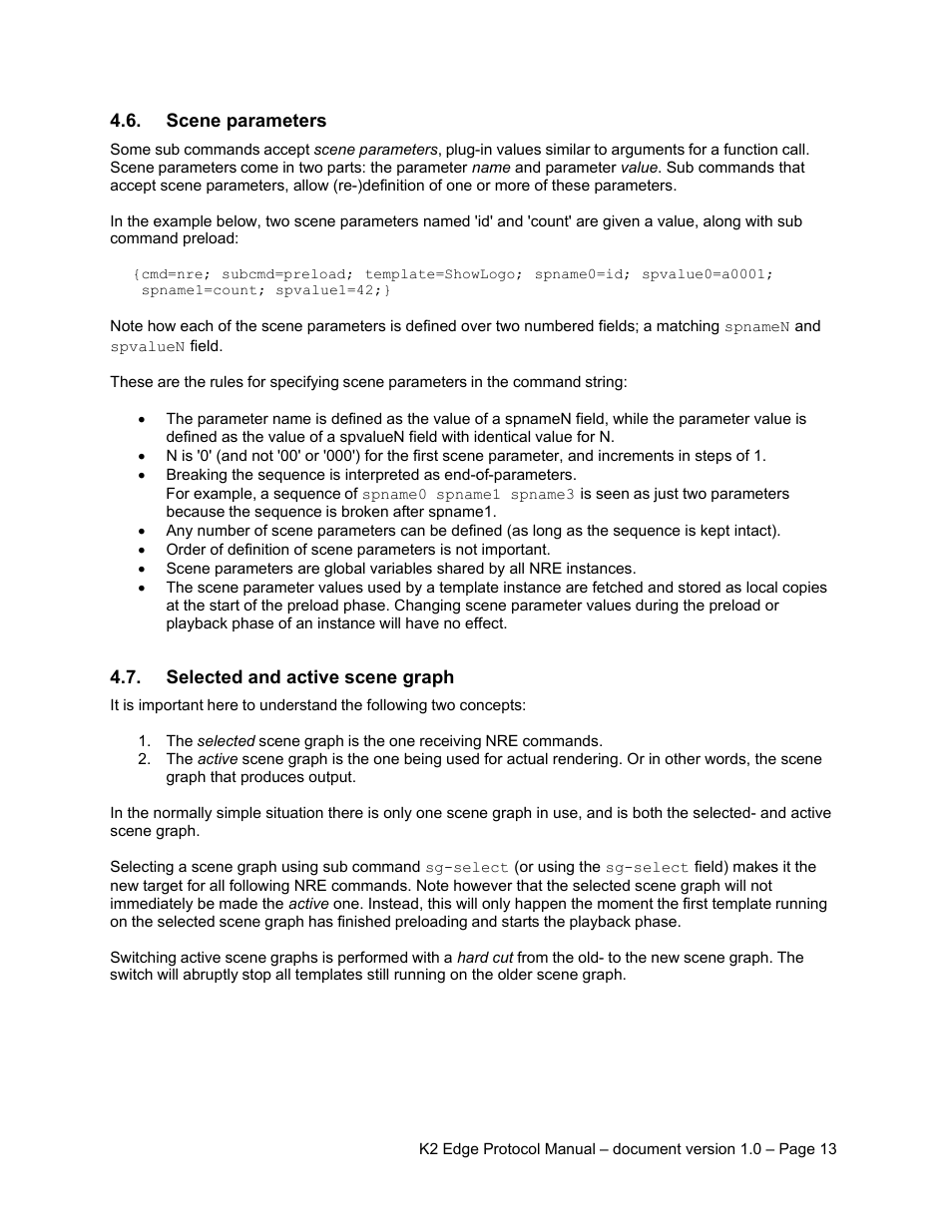 Scene parameters, Selected and active scene graph | Grass Valley K2 Edge Protocol Manual v1.0 User Manual | Page 13 / 52