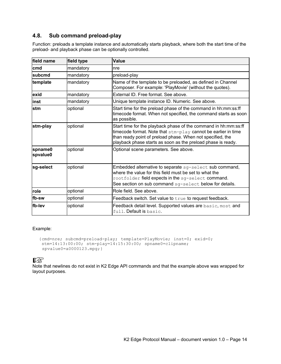 Sub command preload-play | Grass Valley K2 Edge Protocol Manual v1.0 User Manual | Page 14 / 52