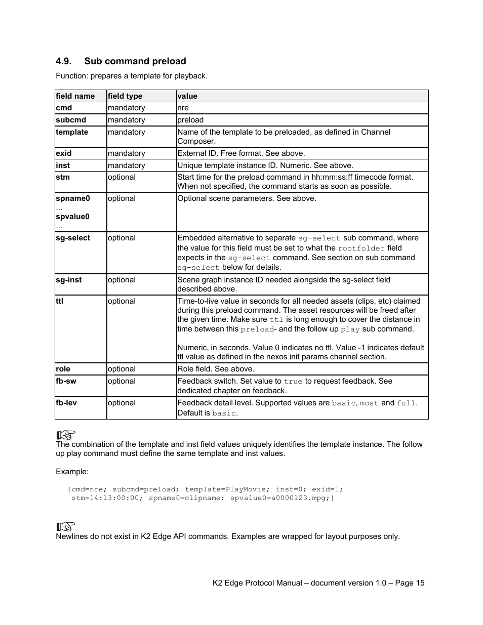 Sub command preload | Grass Valley K2 Edge Protocol Manual v1.0 User Manual | Page 15 / 52