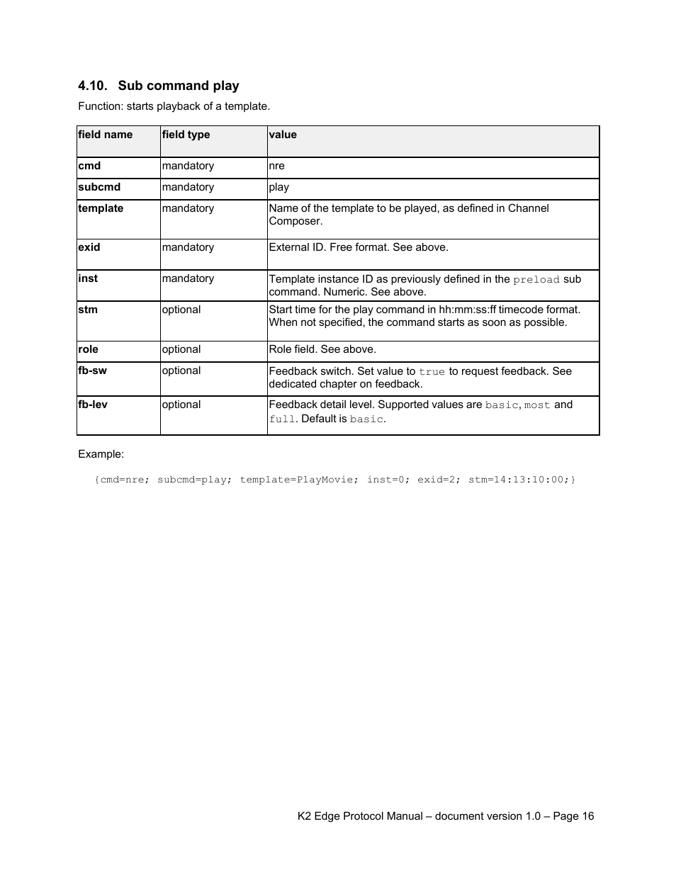 Sub command play | Grass Valley K2 Edge Protocol Manual v1.0 User Manual | Page 16 / 52