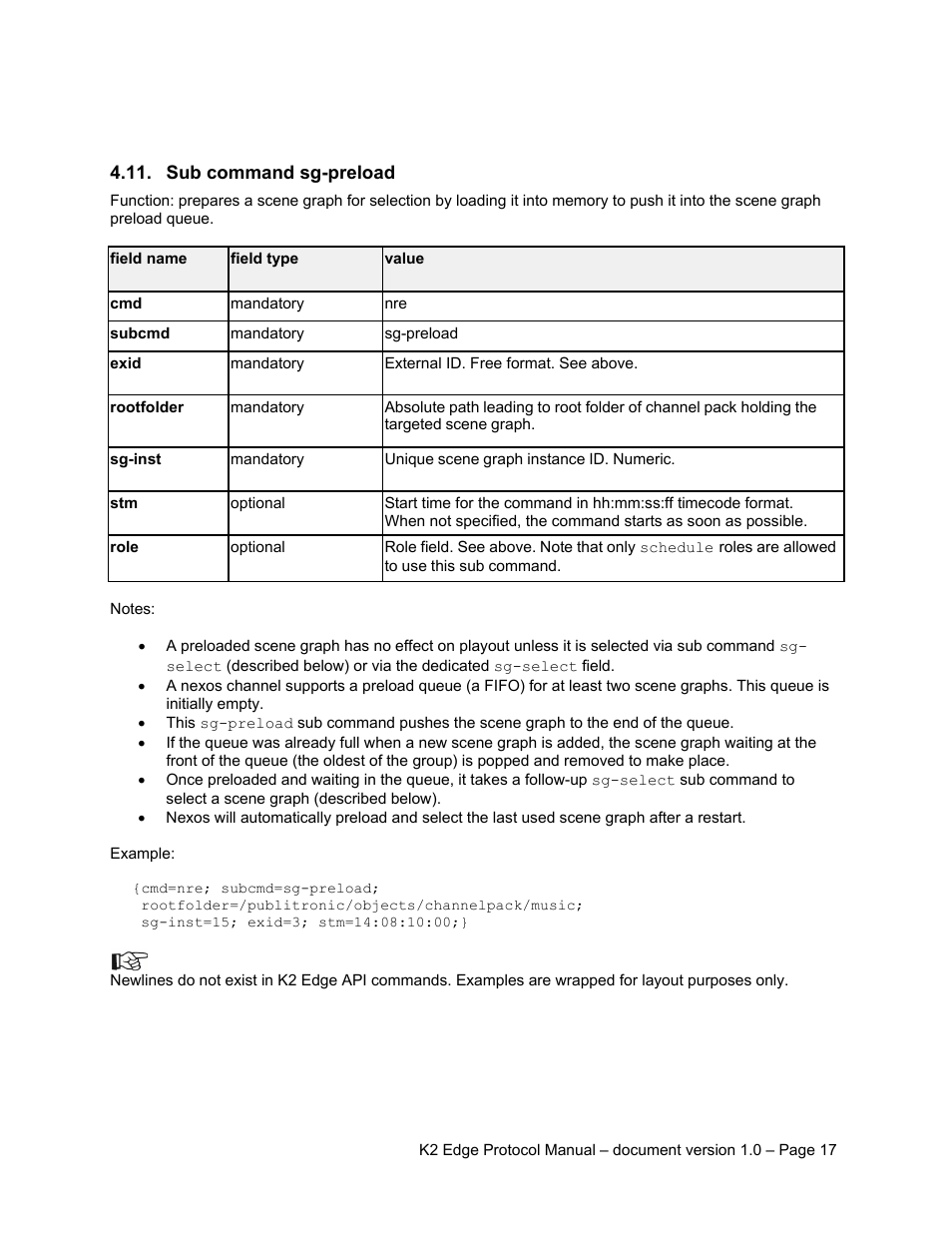Sub command sg-preload | Grass Valley K2 Edge Protocol Manual v1.0 User Manual | Page 17 / 52