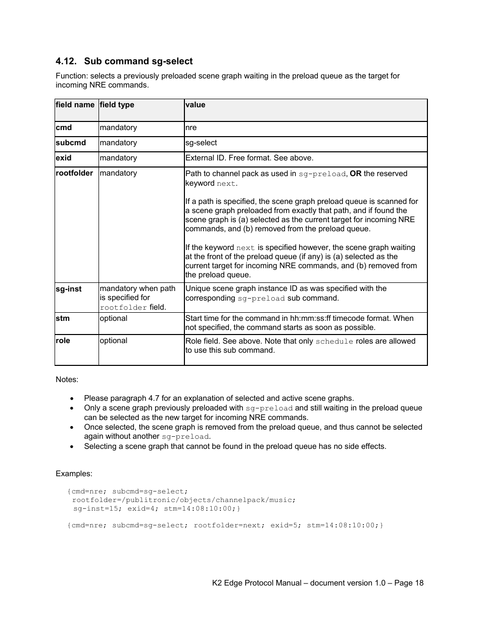 Sub command sg-select | Grass Valley K2 Edge Protocol Manual v1.0 User Manual | Page 18 / 52