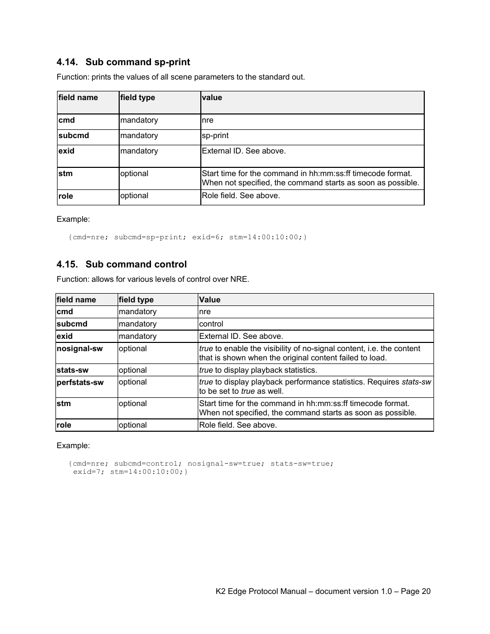 Sub command sp-print, Sub command control | Grass Valley K2 Edge Protocol Manual v1.0 User Manual | Page 20 / 52