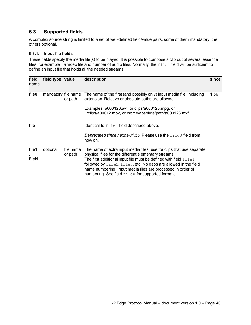 Supported fields, Input file fields | Grass Valley K2 Edge Protocol Manual v1.0 User Manual | Page 40 / 52